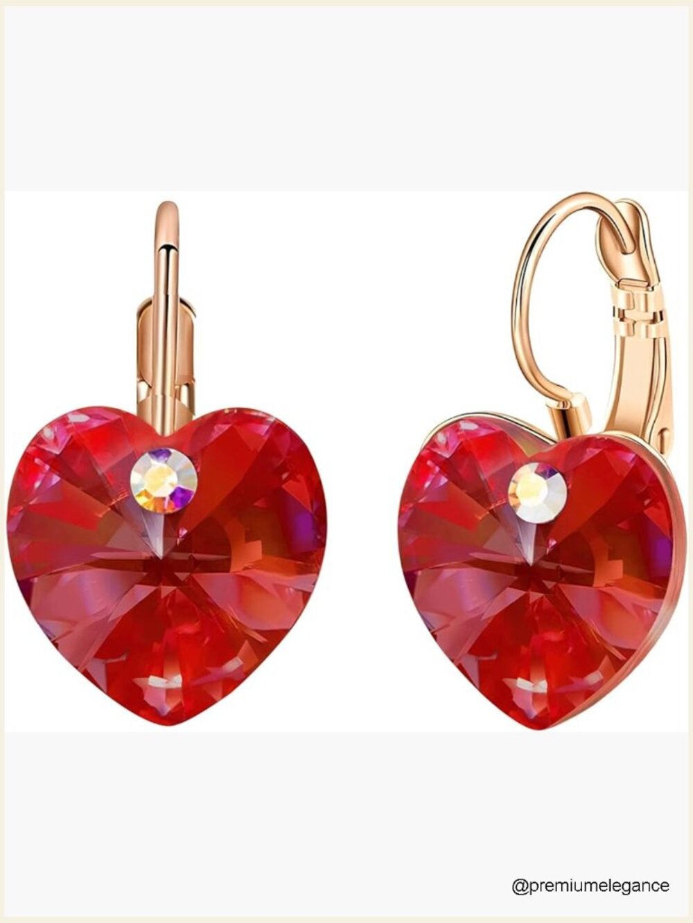 Austrian Crystal Heart Drop Leverback Earrings 14K Rose Gold Plated